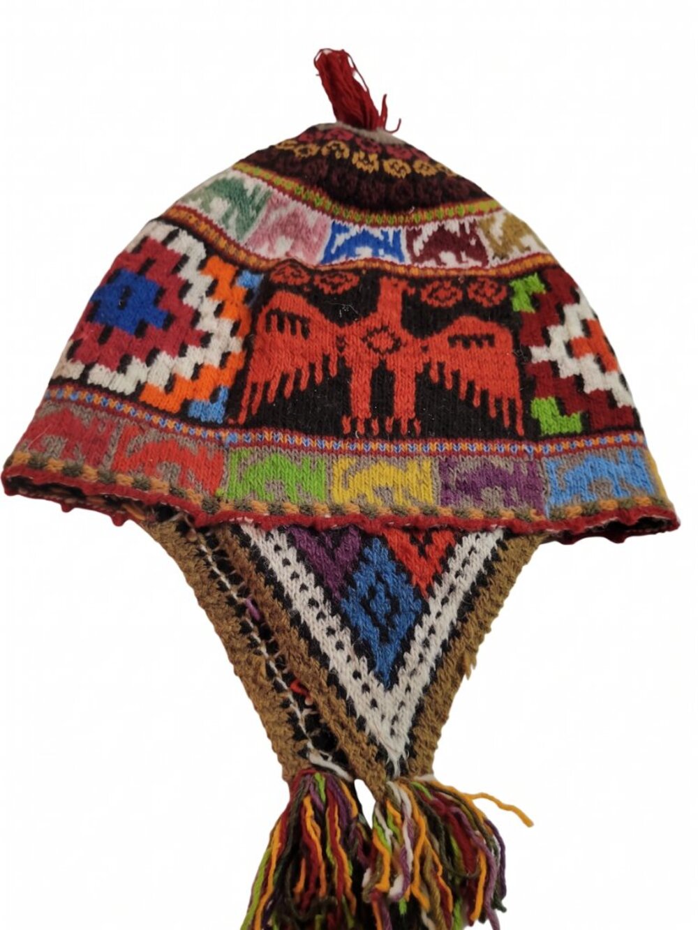Knitted Wool Chullo – Andean Hat – Geometric Patterns & Condor – Winter